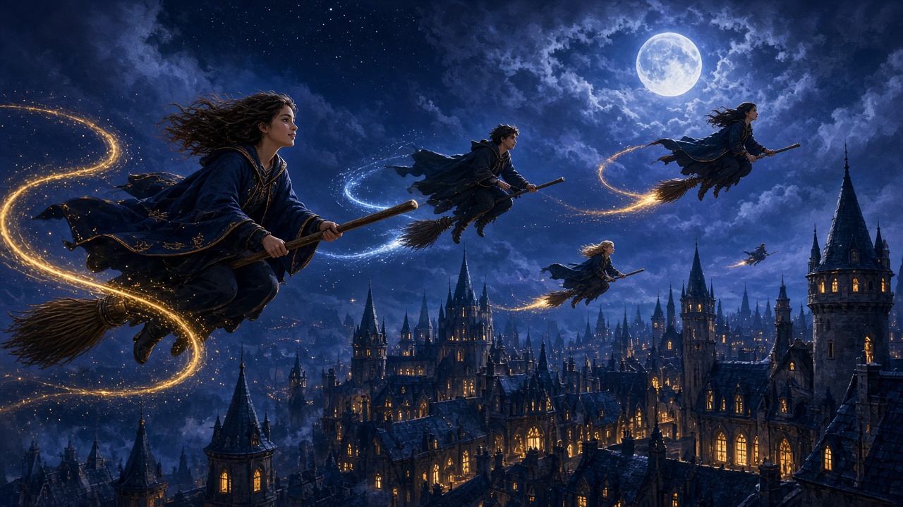 Students practising broomstick flight on the academy grounds.