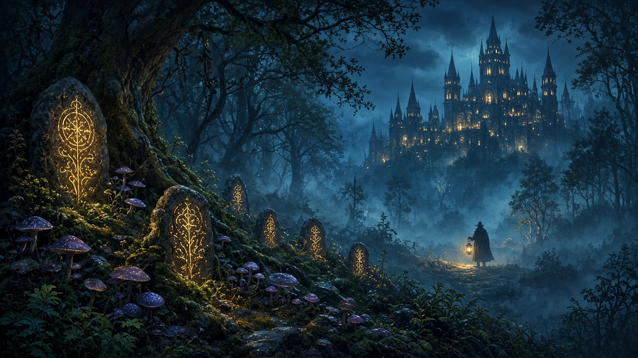 Enchanted forest wards glowing at the academy edge