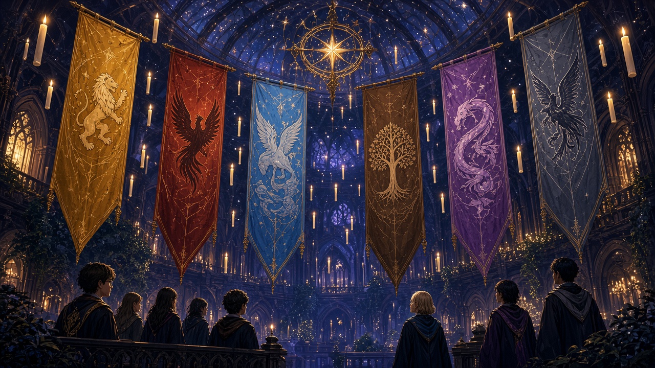 Six house banners in a candlelit atrium