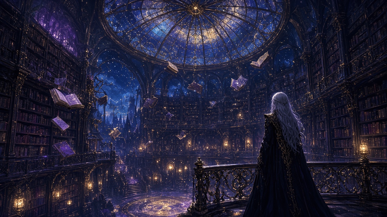 Enchanted books float beneath the starry dome of the Grand Library.