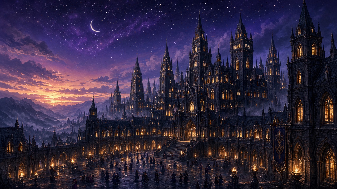 Astra Noire at dusk, a castle of lit spires above a courtyard in the mountains.