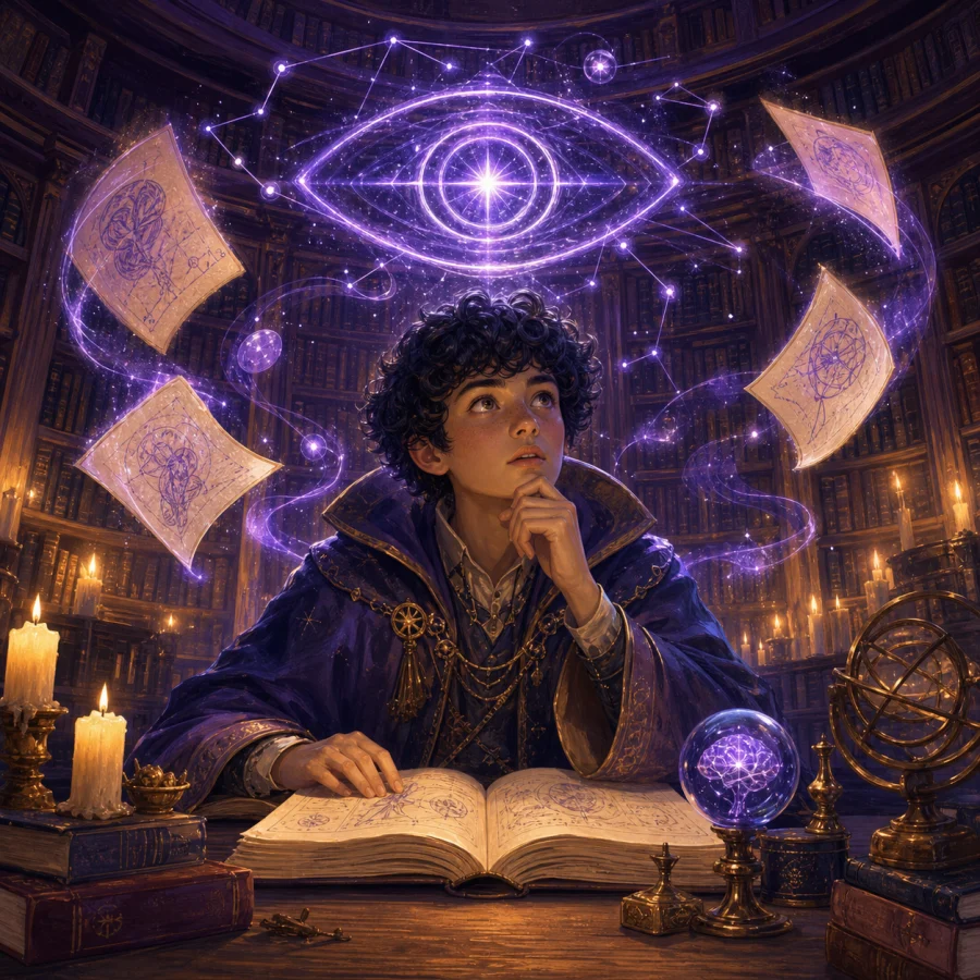 A young mage studies beneath a glowing eye sigil in a candlelit library.