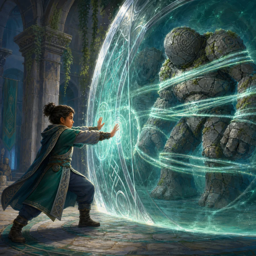 A young mage conjures a teal barrier to bind a stone training golem.