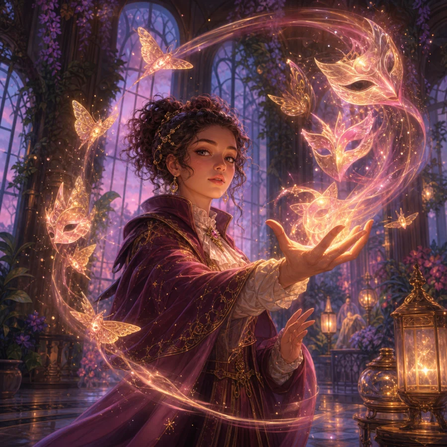 A young mage creates golden masks and luminous moth illusions.