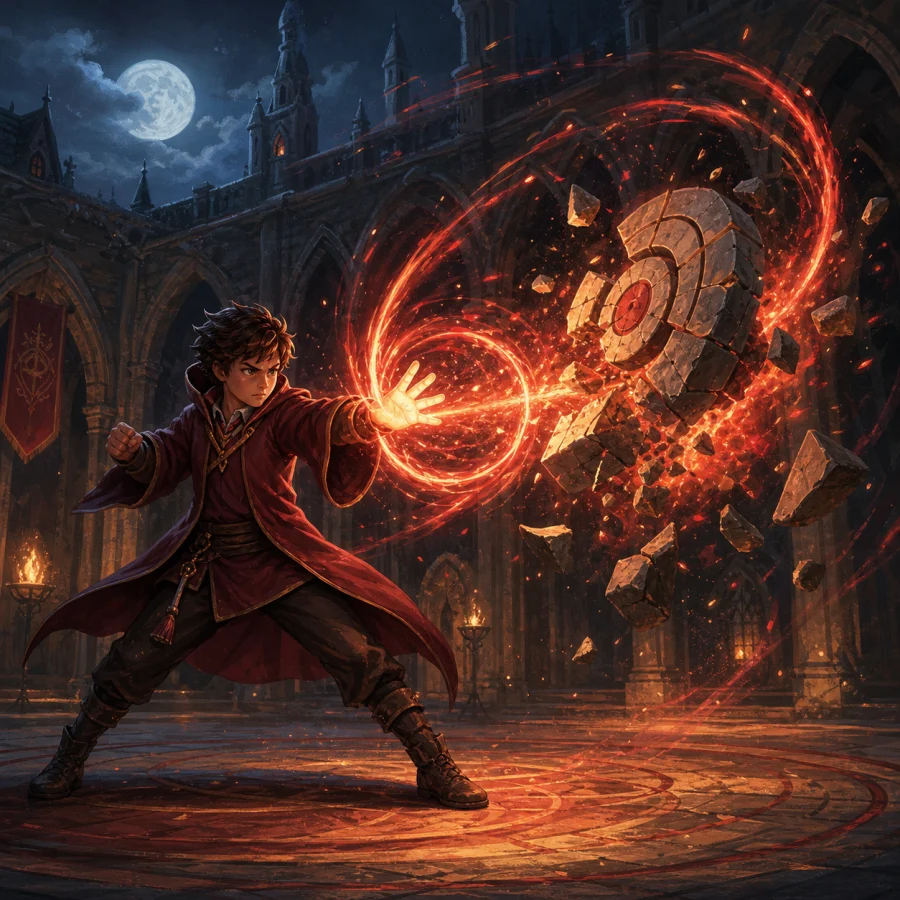 A young mage unleashes red force magic at a stone target.