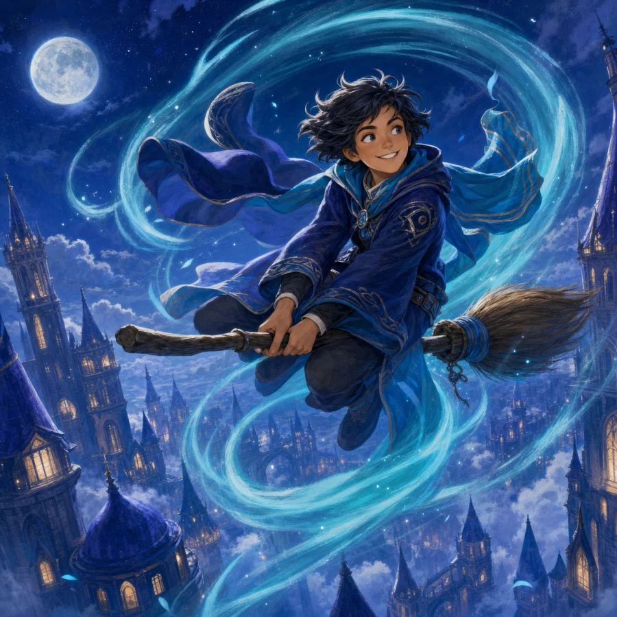 A young mage rides a broom through spiraling blue wind above the academy.
