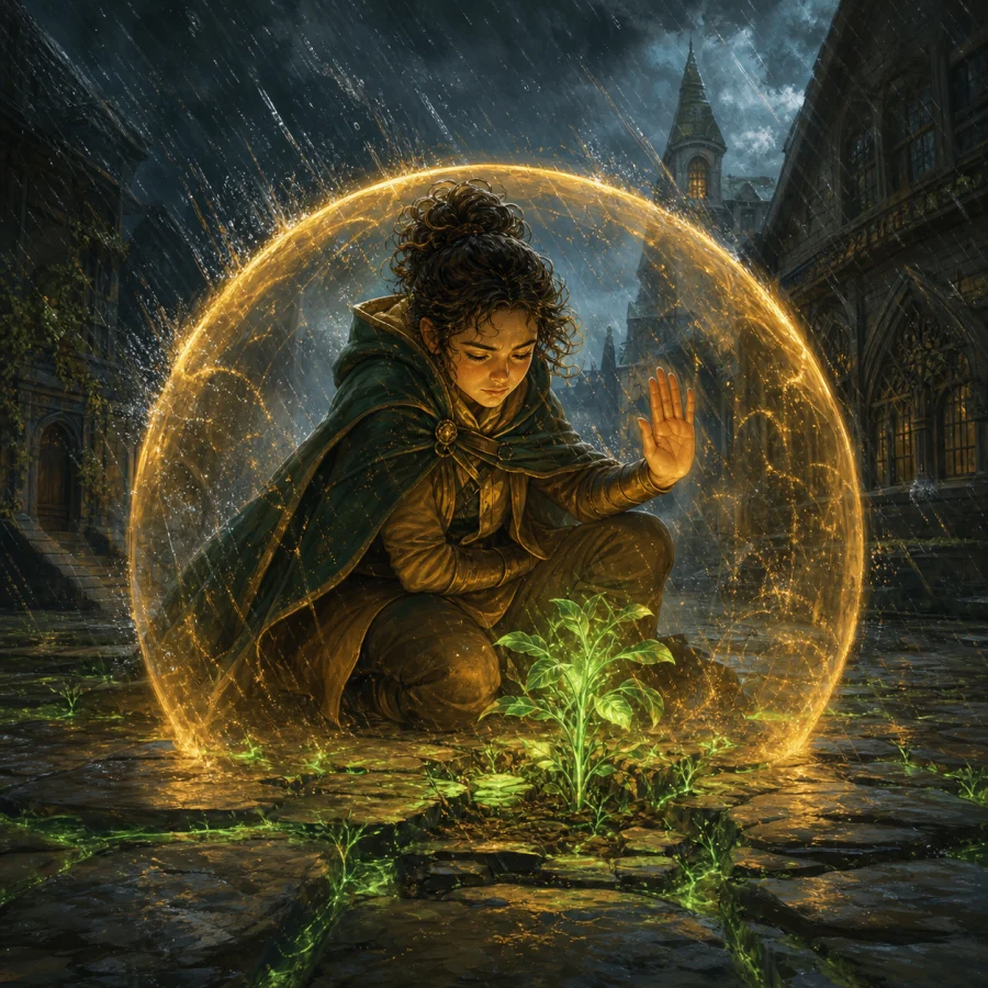 A young mage shelters a glowing plant from a storm inside an amber ward.
